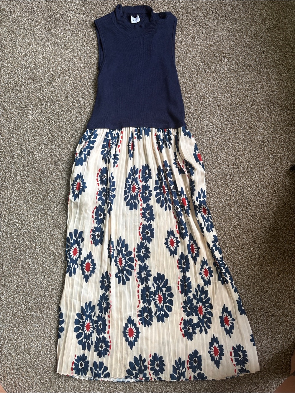 Kaia MP Sleeveless Navy Top Floral Pleated Maxi Dress - Navy & Cream